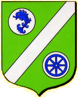 De sinople à la barre d'argent, chargé à dextre d'un dauphin d'argent et à senestre d'une roue de char d'or.